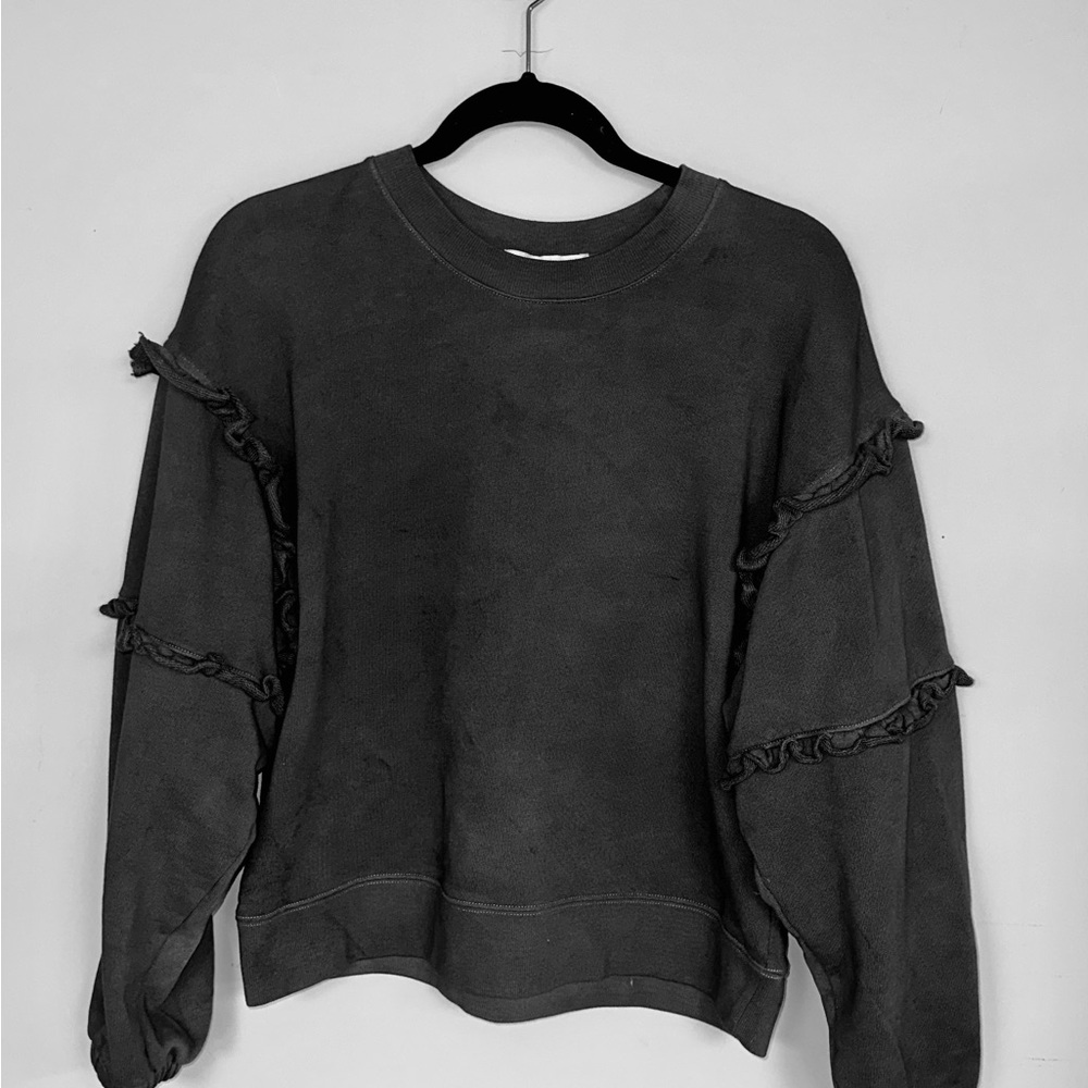 Rebecca Minkoff Distressed Dark Grey Crew Neck Ruffle Sweat Shirt